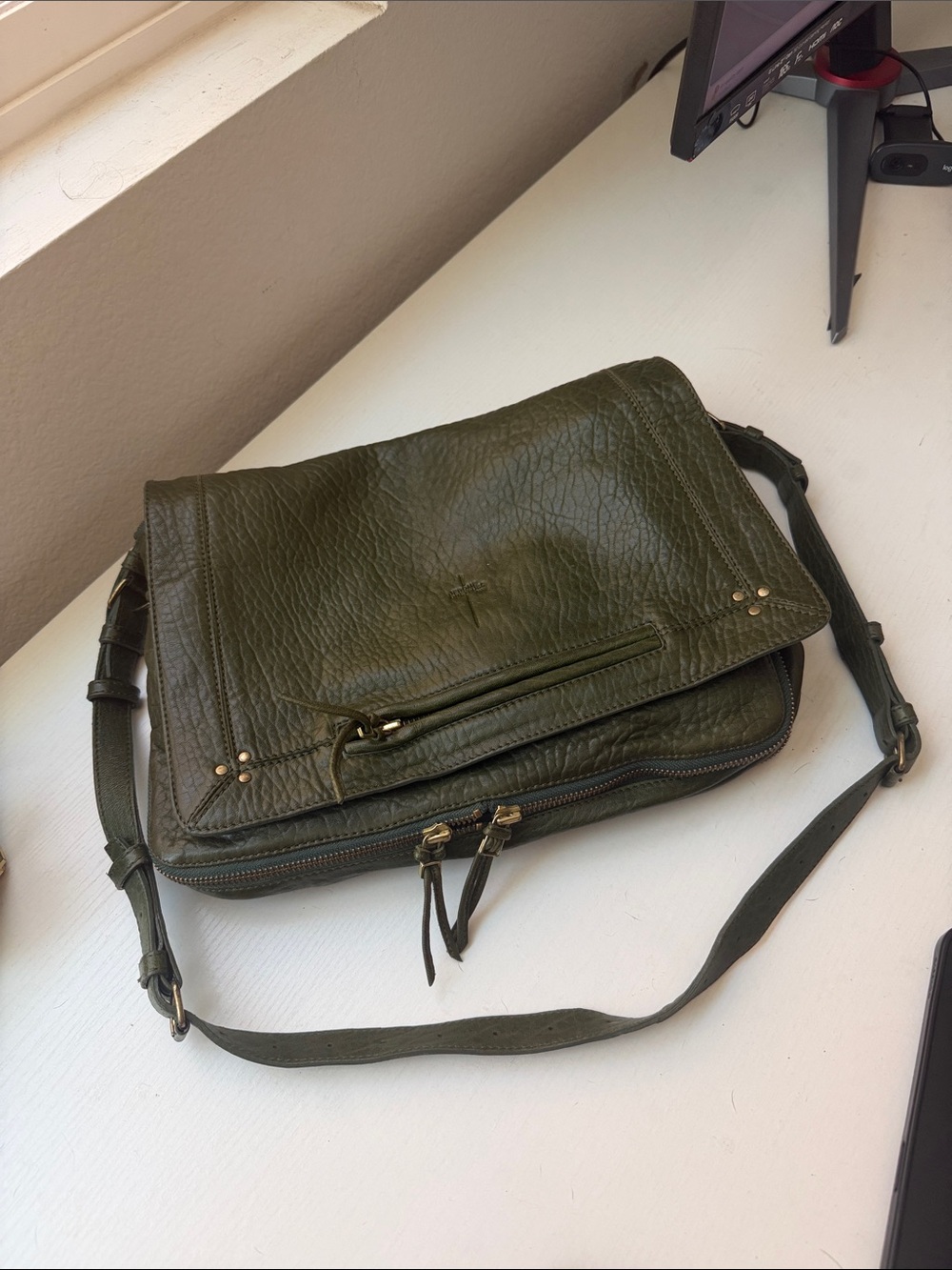 Jerome Dreyfuss Olive Green Leather Messenger Bag